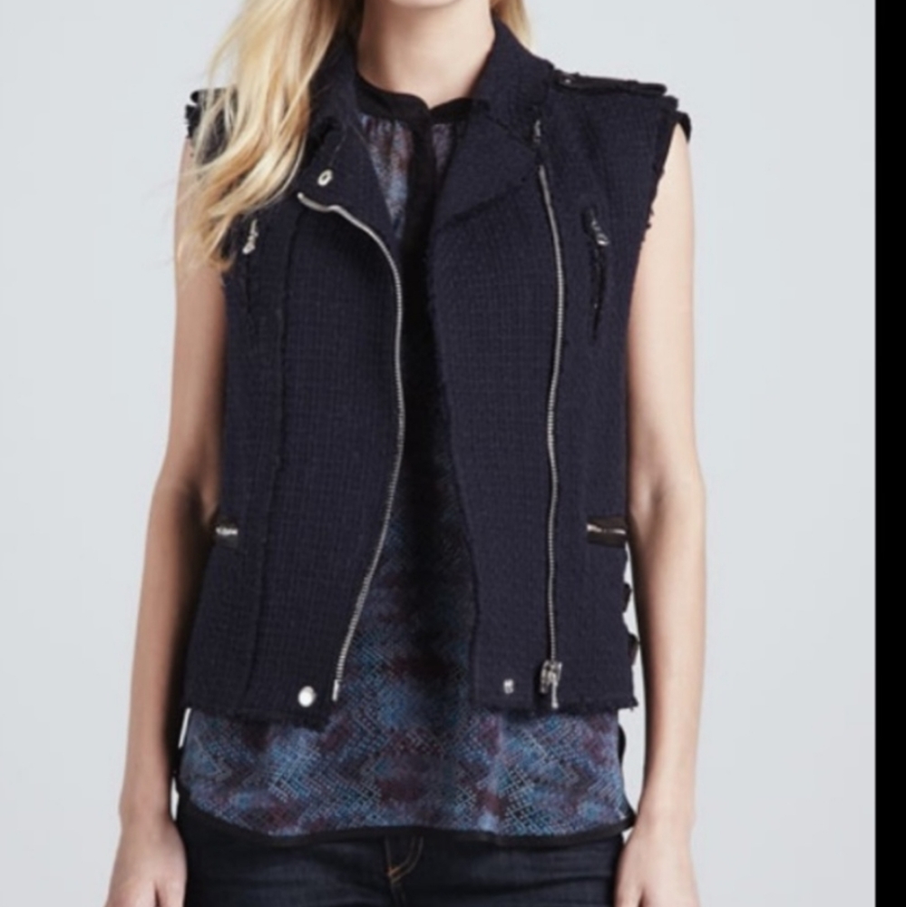 Rebecca Taylor Moto zip vest wool lamb leather tweed black sz 10 large
